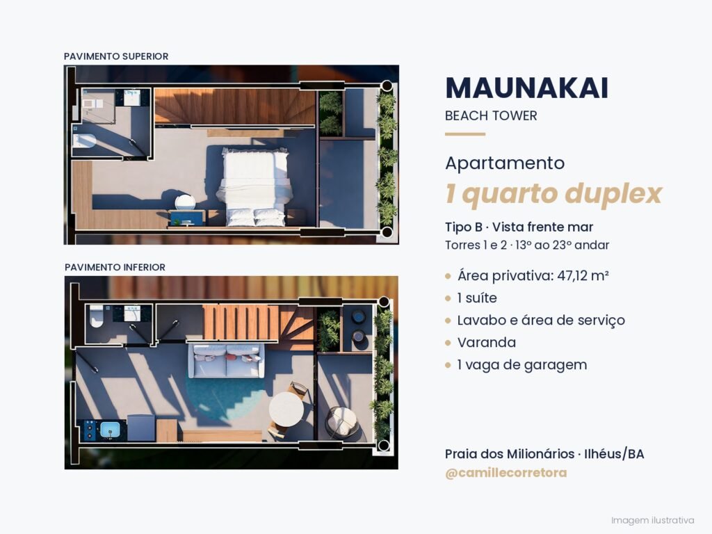 Planta apartamento 1 quarto duplex com suíte tipo B Maunakai Praia dos Milionários Ilhéus