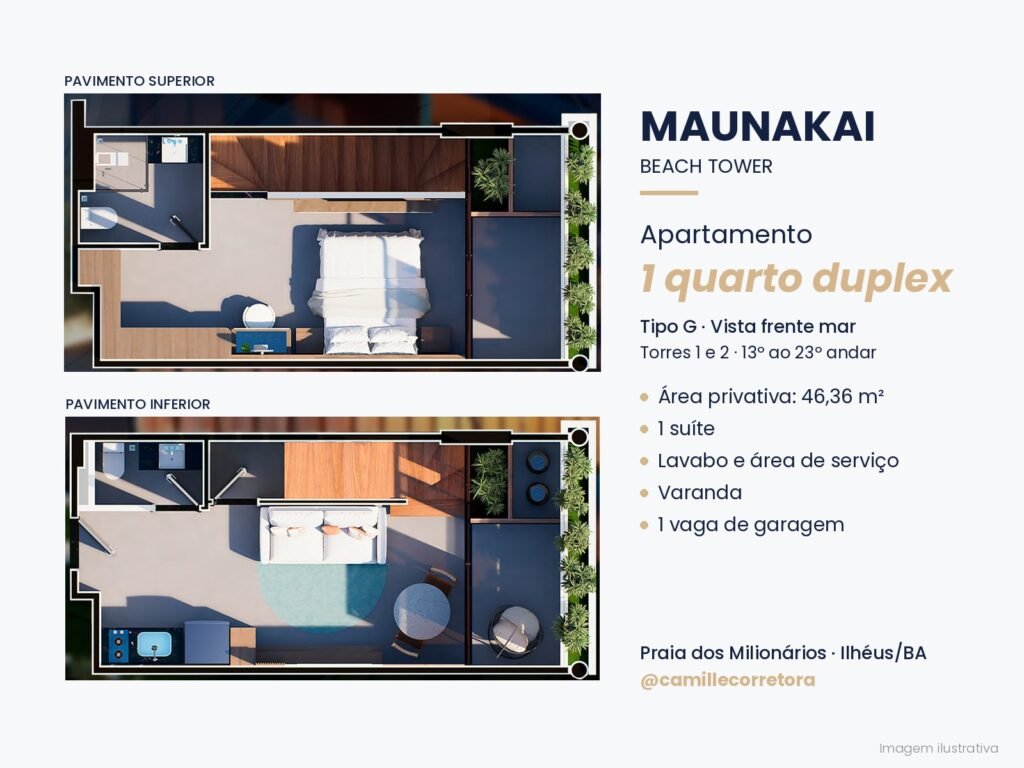 Planta apartamento 1 quarto duplex com suíte tipo G Maunakai Praia dos Milionários Ilhéus