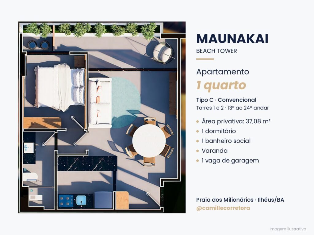 Planta apartamento 1 quarto tipo C Maunakai Praia dos Milionários Ilhéus