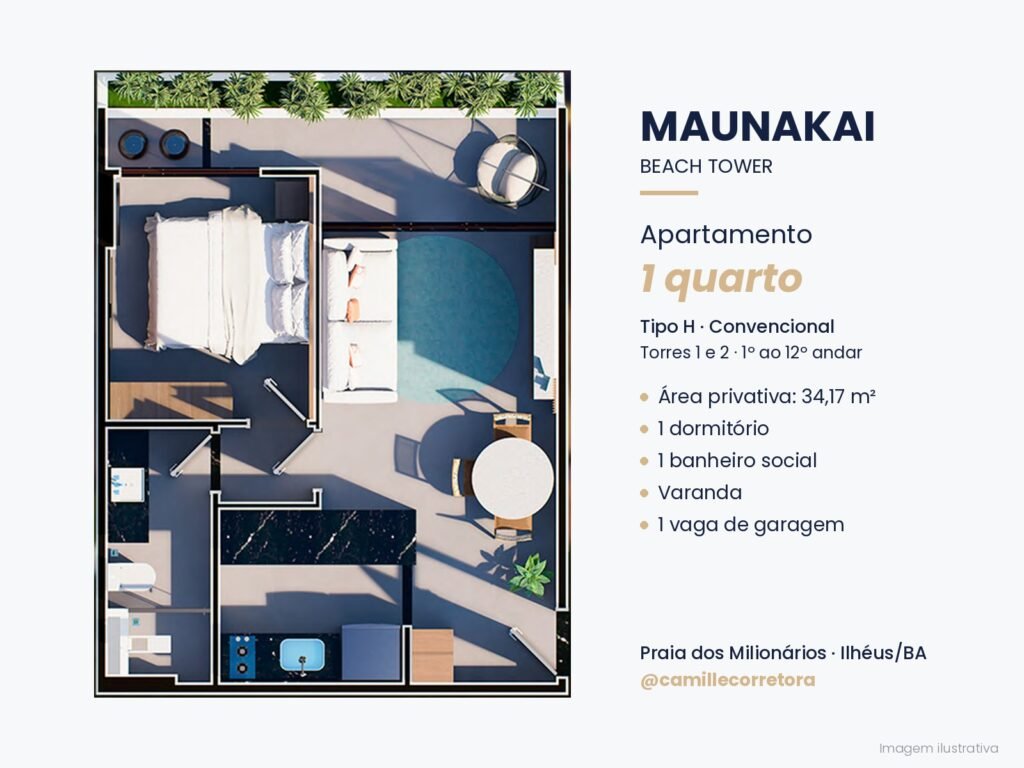 Planta apartamento 1 quarto tipo H Maunakai Praia dos Milionários Ilhéus