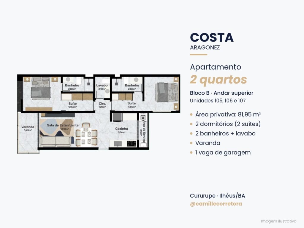 Planta apartamento 2 quartos com 2 suítes Costa Aragonez Cururupe Ilhéus