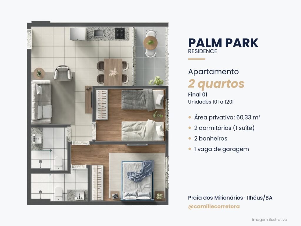 Planta apartamento 2 quartos com suíte final 01 Palm Park Praia dos Milionários Ilhéus