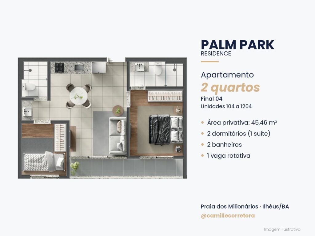 Planta apartamento 2 quartos com suíte final 04 Palm Park Praia dos Milionários Ilhéus