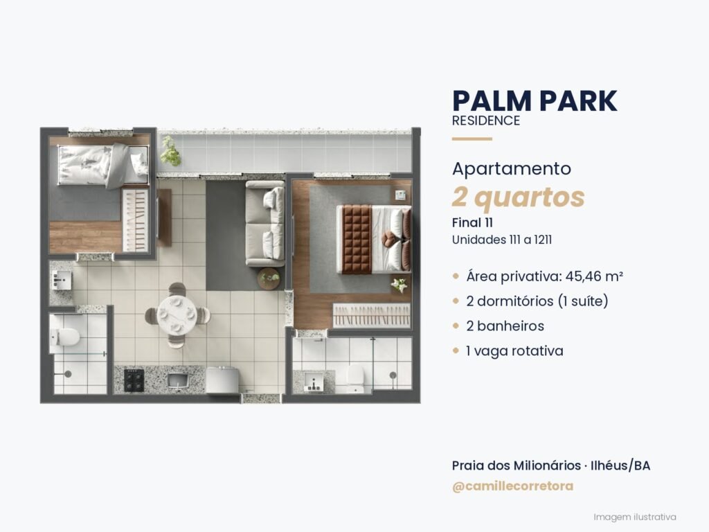 Planta apartamento 2 quartos com suíte final 11 Palm Park Praia dos Milionários Ilhéus