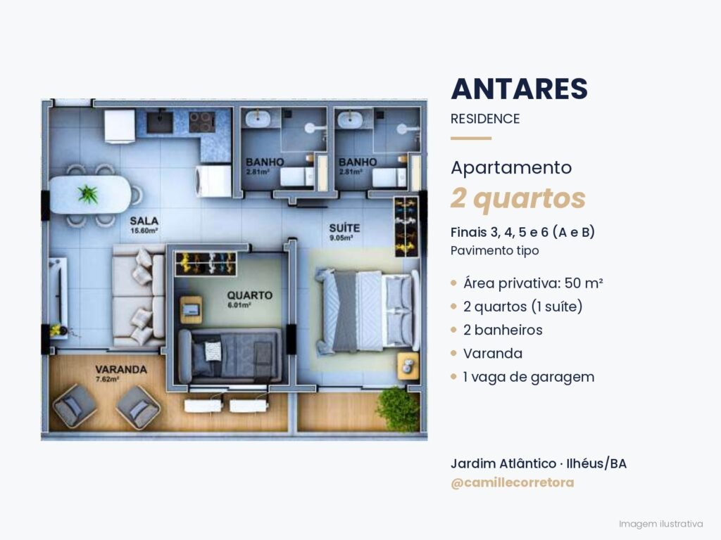 Planta apartamento 2 quartos com suíte Antares Residence Jardim Atlântico Ilhéus