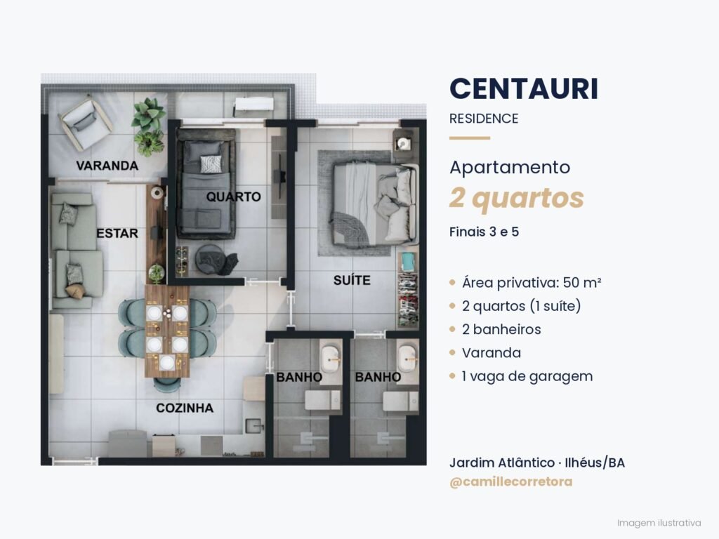 Planta apartamento 2 quartos com suíte Centauri Residence Jardim Atlântico Ilhéus
