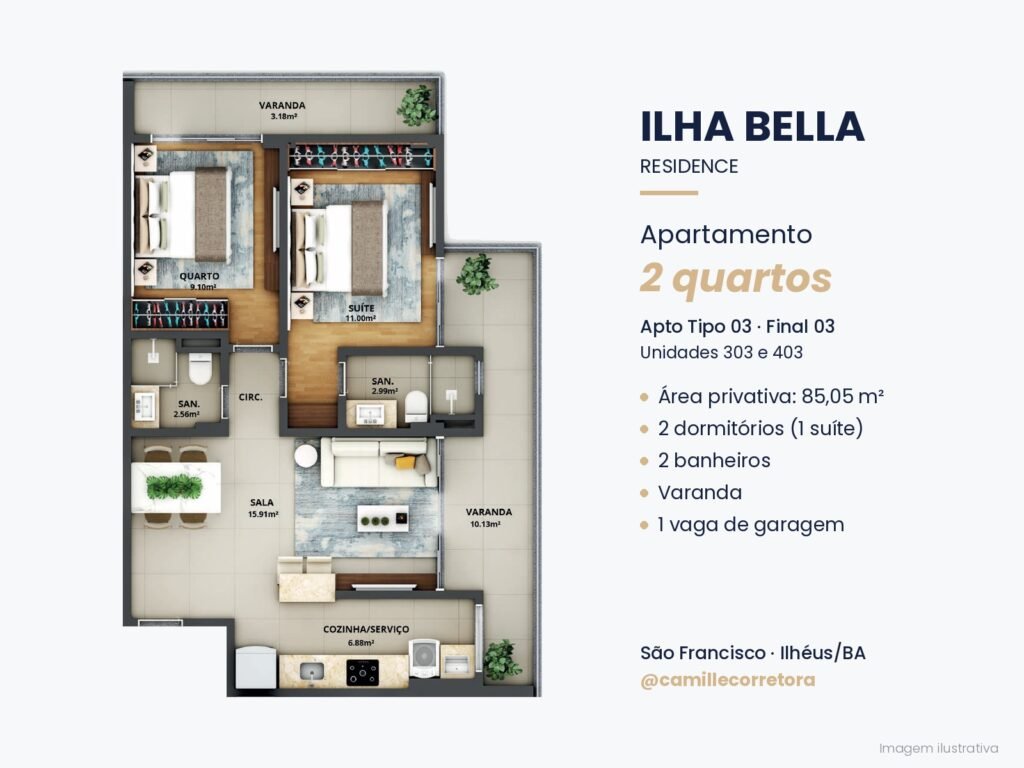 Planta apartamento 2 quartos com suíte final 03 Ilha Bella São Francisco Ilhéus