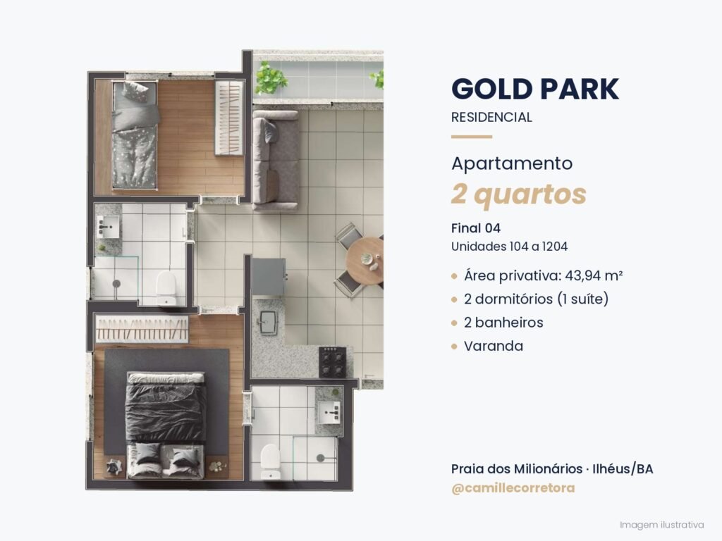 Planta apartamento 2 quartos com suíte final 04 Gold Park Praia dos Milionários Ilhéus