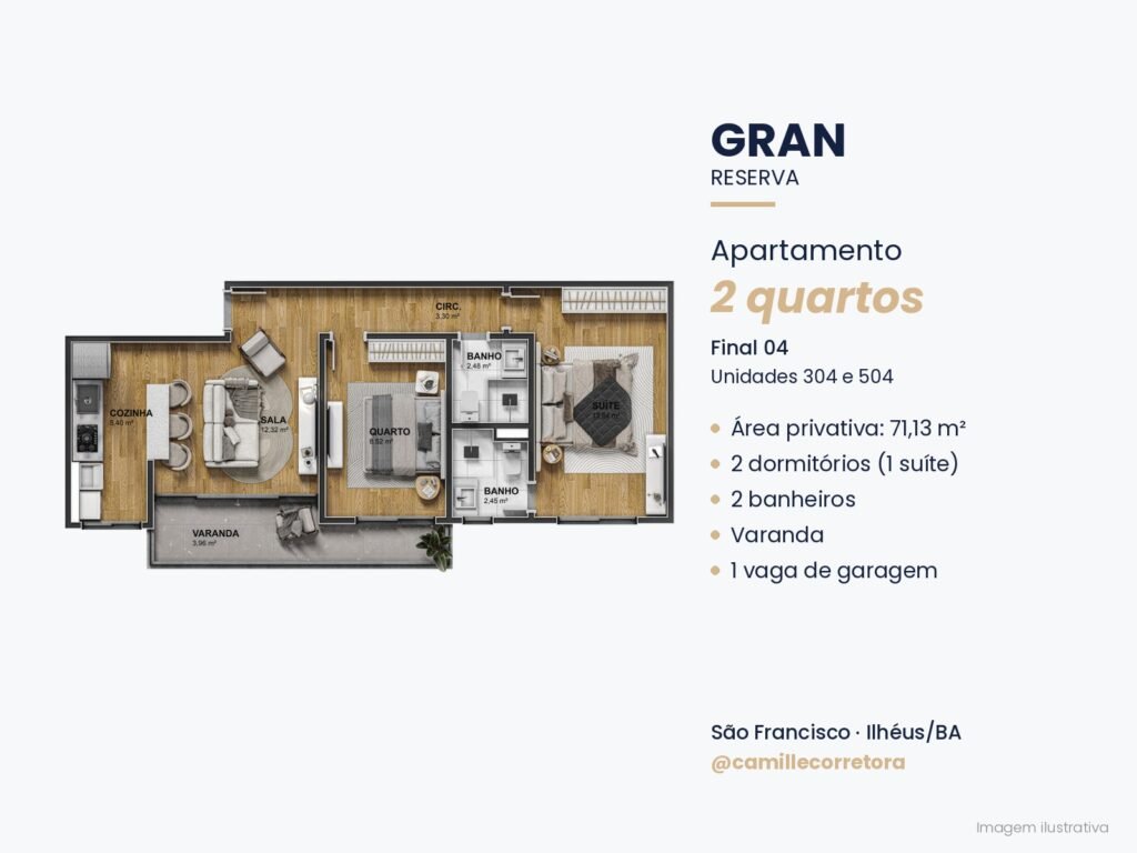 Planta apartamento 2 quartos com suíte final 04 Gran Reserva São Francisco Ilhéus