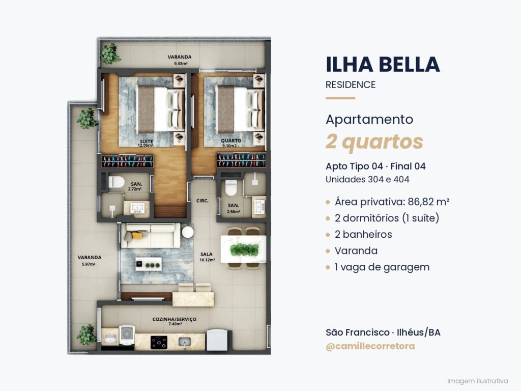 Planta apartamento 2 quartos com suíte final 04 Ilha Bella São Francisco Ilhéus