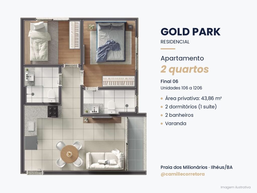 Planta apartamento 2 quartos com suíte final 06 Gold Park Praia dos Milionários Ilhéus
