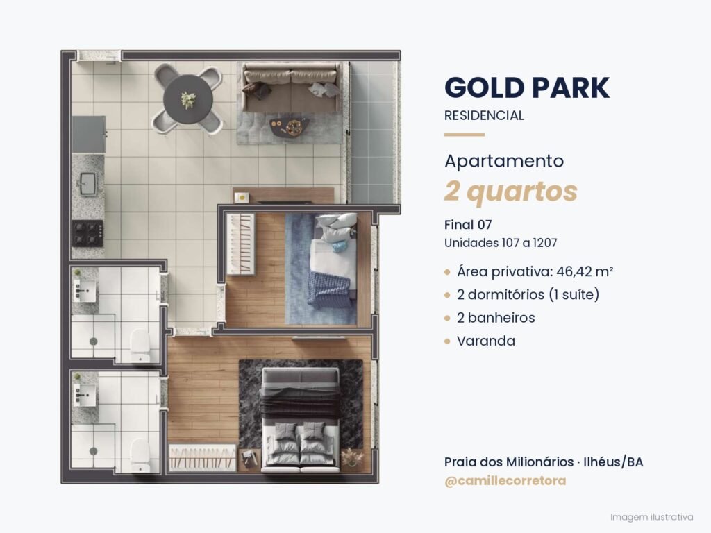 Planta apartamento 2 quartos com suíte final 07 Gold Park Praia dos Milionários Ilhéus