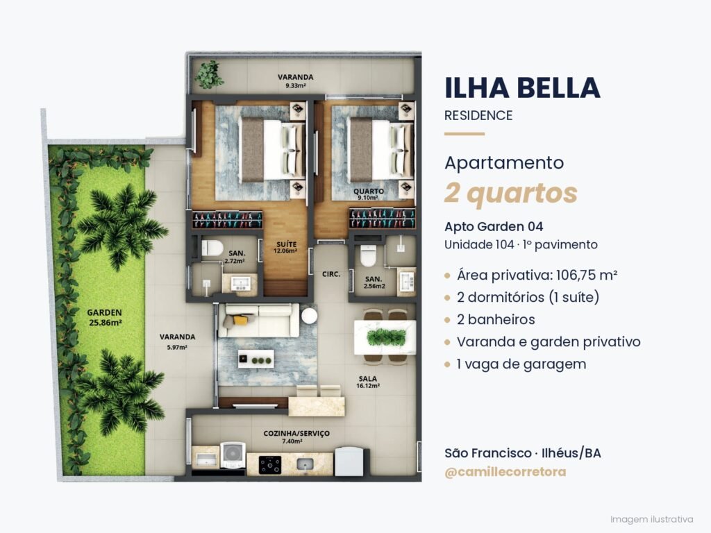 Planta apartamento garden 2 quartos com suíte final 04 Ilha Bella São Francisco Ilhéus