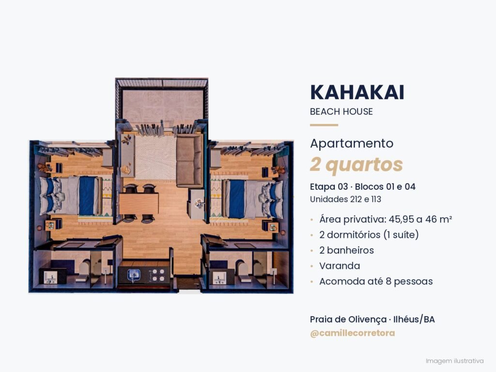 Planta apartamento 2 quartos com suíte Kahakai Beach House Praia de Olivença Ilhéus