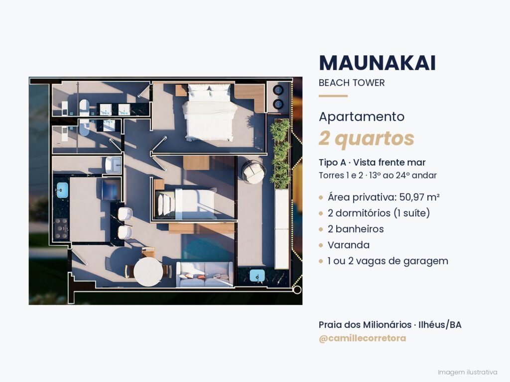 Planta apartamento 2 quartos com suíte tipo A Maunakai Praia dos Milionários Ilhéus