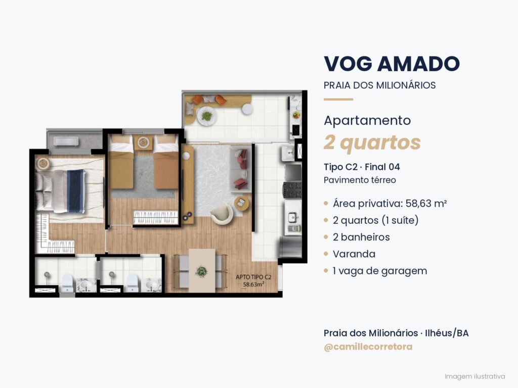 Planta apartamento 2 quartos com suíte tipo C2 VOG Amado Praia dos Milionários Ilhéus