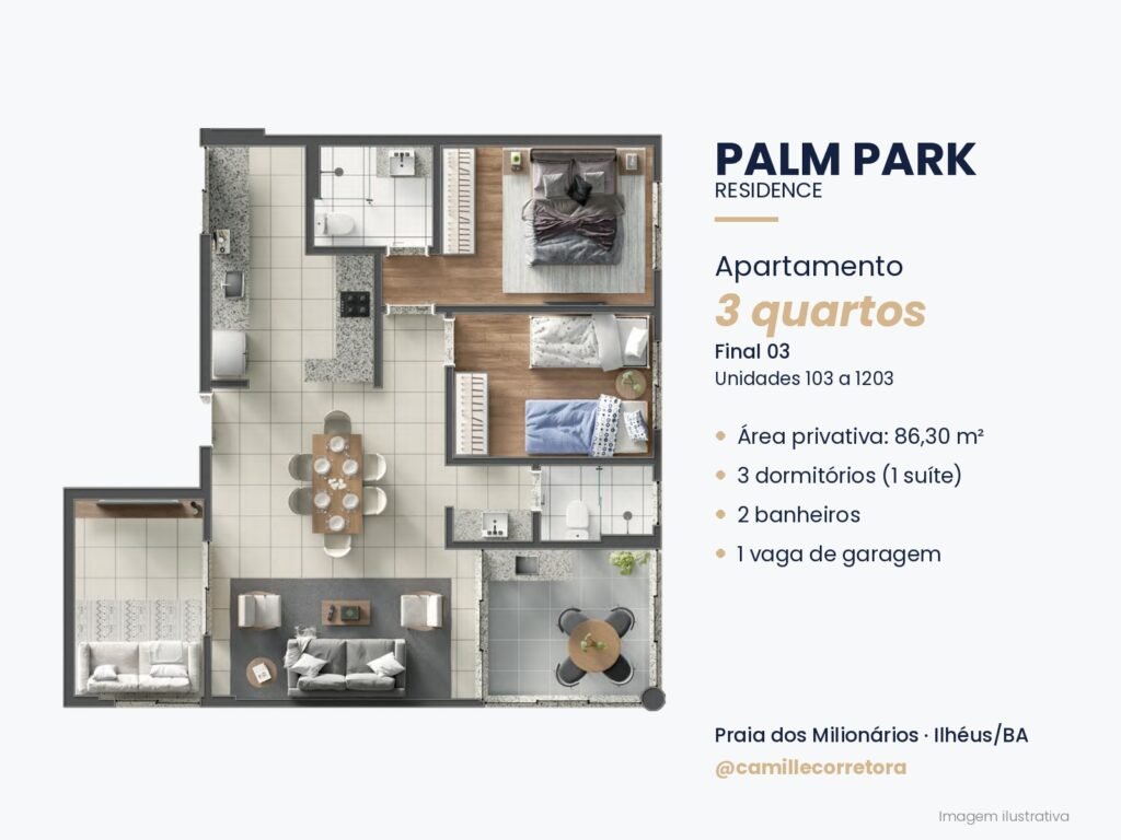 Planta apartamento 3 quartos com suíte final 03 Palm Park Praia dos Milionários Ilhéus
