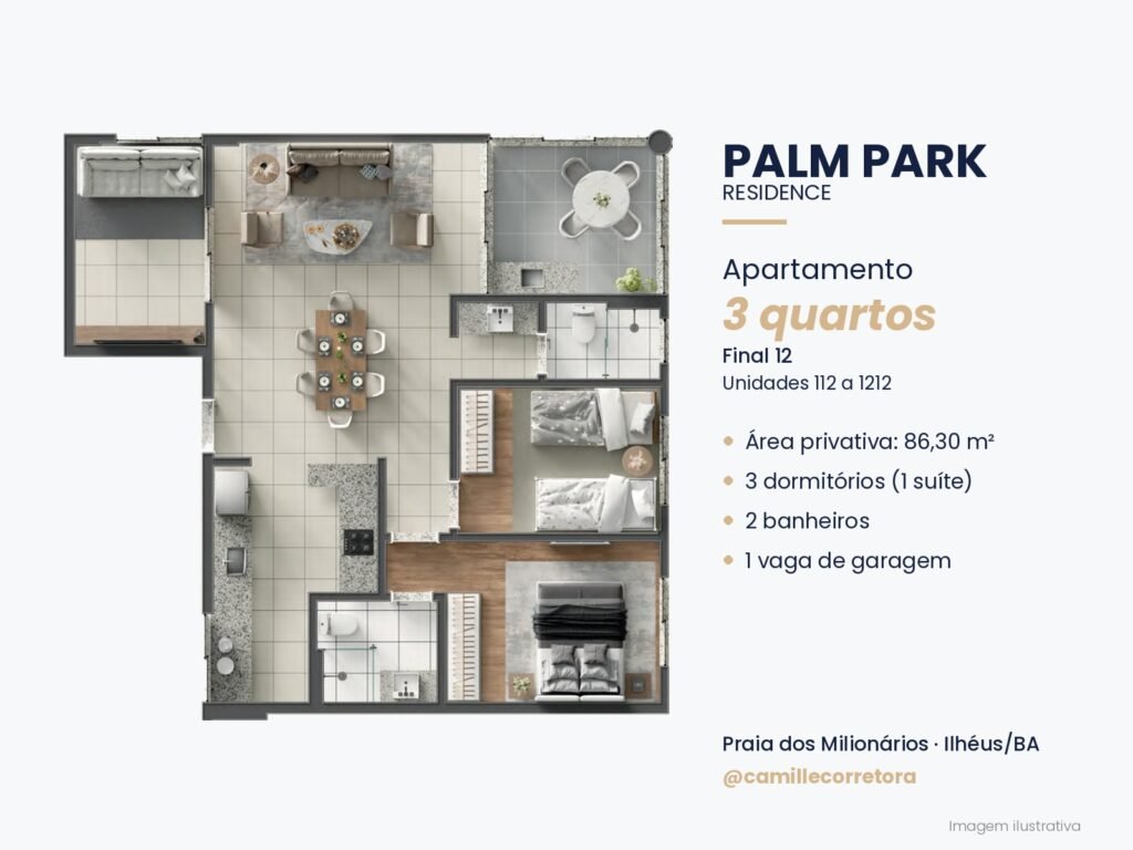 Planta apartamento 3 quartos com suíte final 12 Palm Park Praia dos Milionários Ilhéus