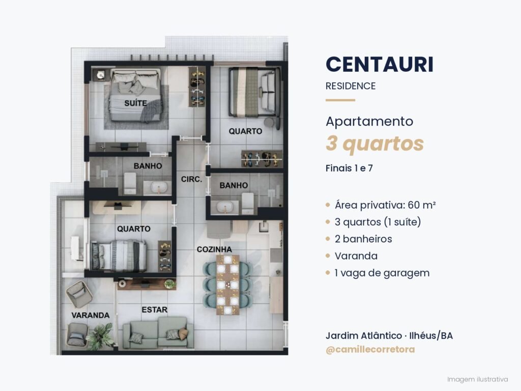 Planta apartamento 3 quartos com suíte Centauri Residence Jardim Atlântico Ilhéus