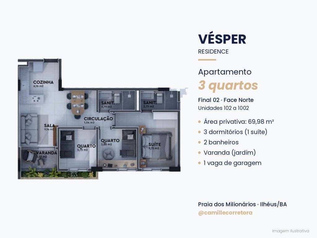 Planta apartamento 3 quartos com suíte final 02 Vésper Residence Praia dos Milionários Ilhéus