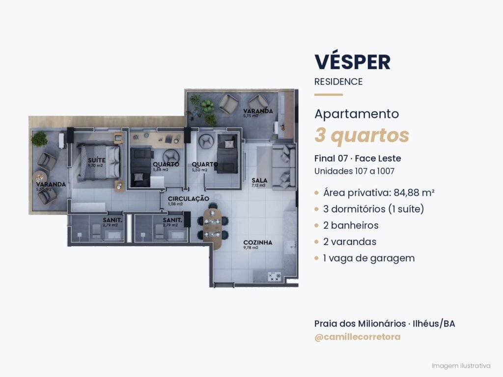 Planta apartamento 3 quartos com suíte final 07 Vésper Residence Praia dos Milionários Ilhéus