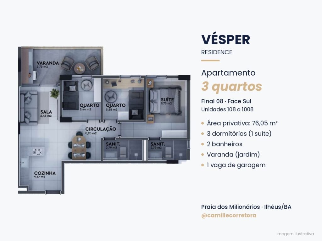 Planta apartamento 3 quartos com suíte final 08 Vésper Residence Praia dos Milionários Ilhéus