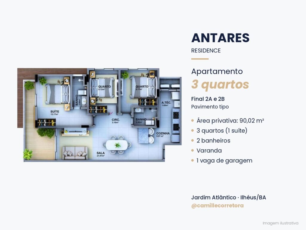 Planta apartamento 3 quartos com suíte final 2 Antares Residence Jardim Atlântico Ilhéus