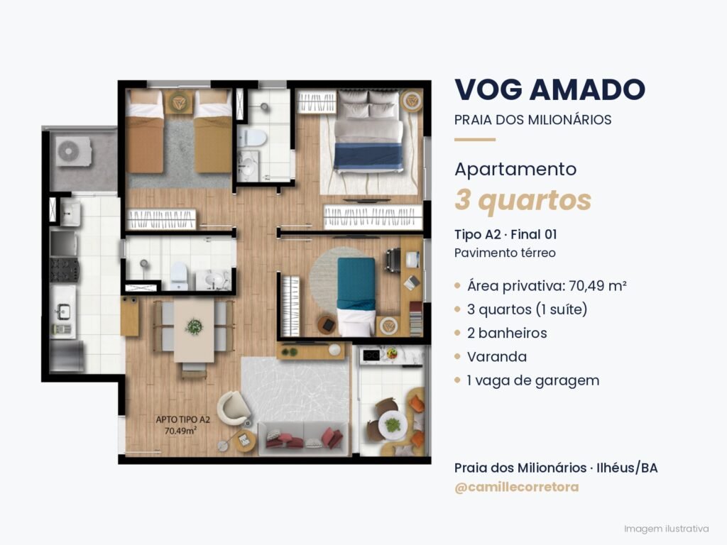 Planta apartamento 3 quartos com suíte tipo A2 VOG Amado Praia dos Milionários Ilhéus